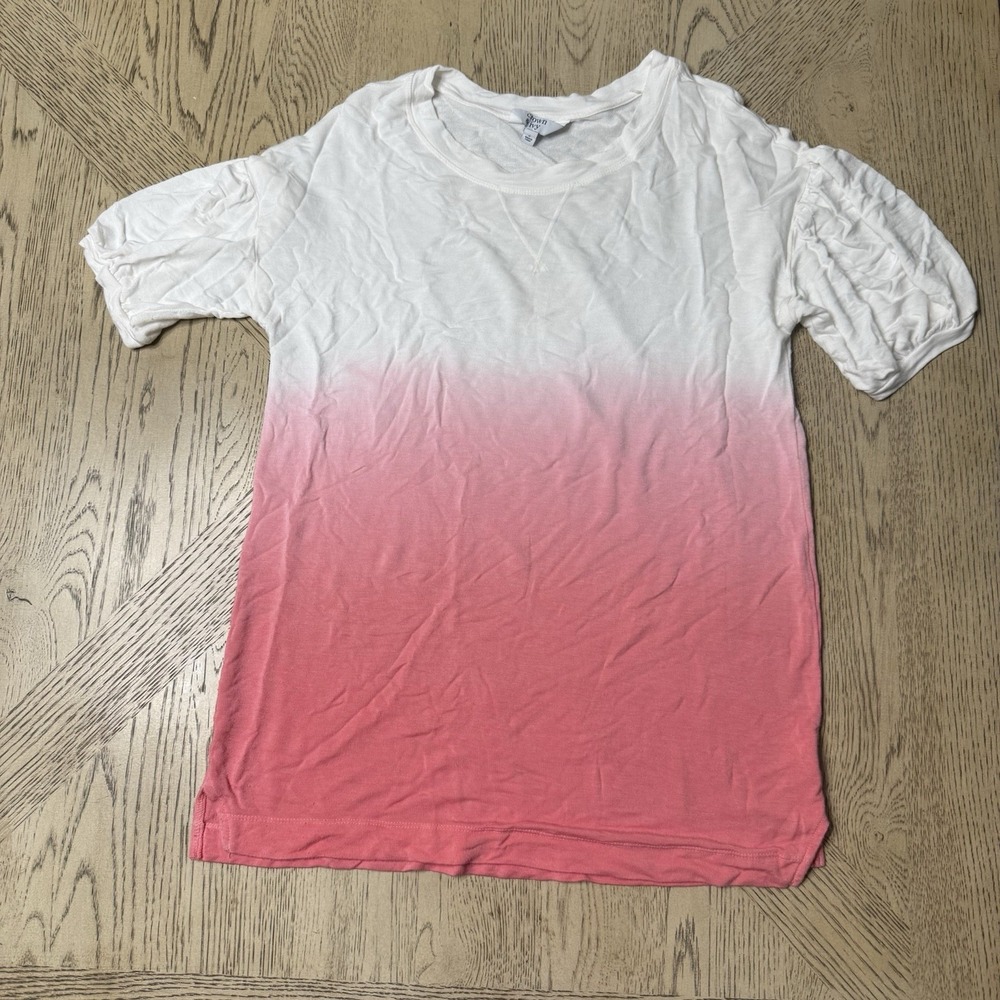 Crown & Ivy Small White Pink Ombré Short Sleeve Banded Cuff Tee Split Hem